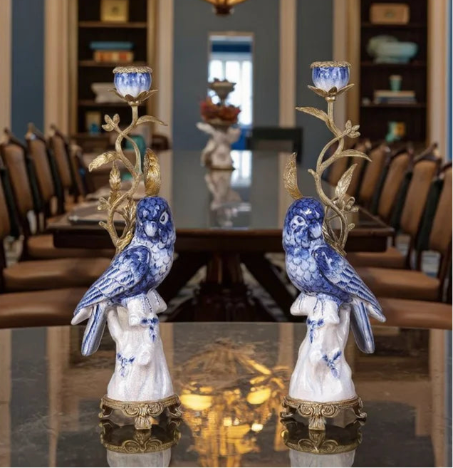 Pair of Blue and White Bird Candlestick Holder