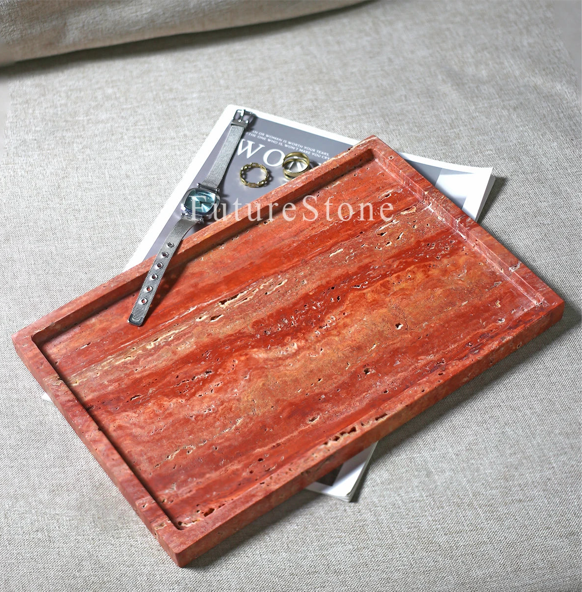 Natural Red Marble Decorative Candle Tray
