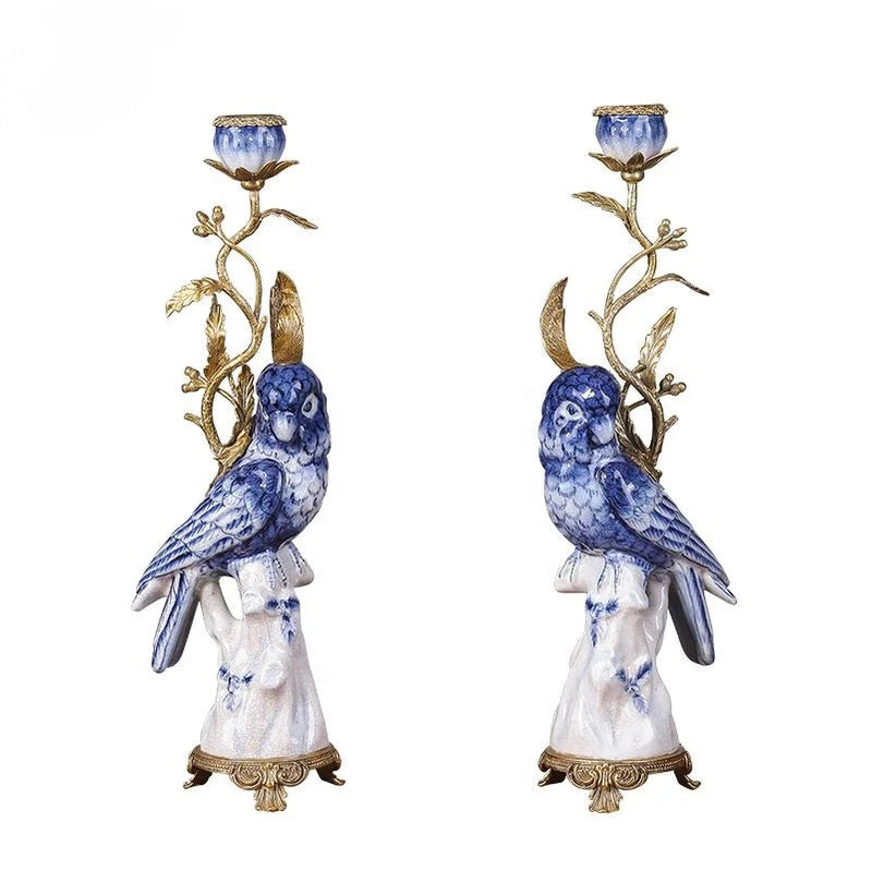 Pair of Blue and White Bird Candlestick Holder